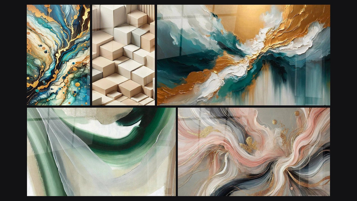 Mosaico di cinque quadri, tra cui Labirinto Minerale, Seta di Smeraldo e Minimalismo Scolpito
