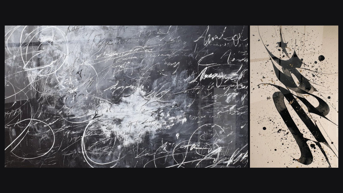 Two paintings side by side, including Abstract Calligraphy