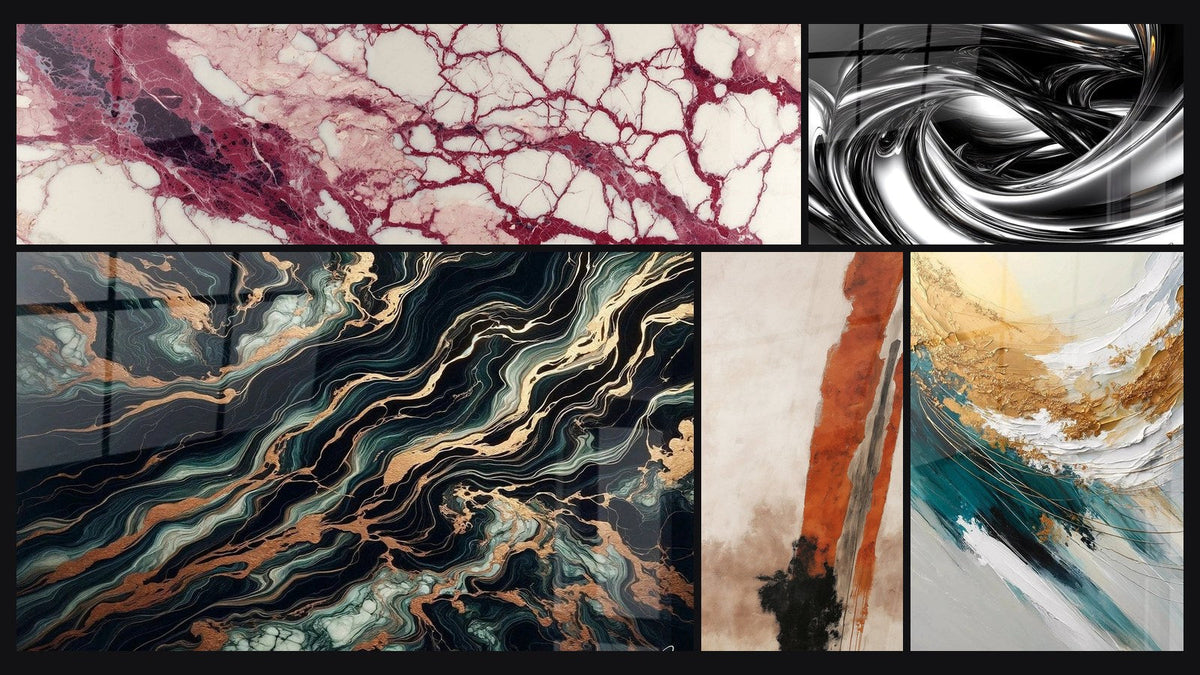 Mosaic of five paintings, including Purple Veins and Cream on Ecru Background, Metallic Whirlpool and Aurifer Flow