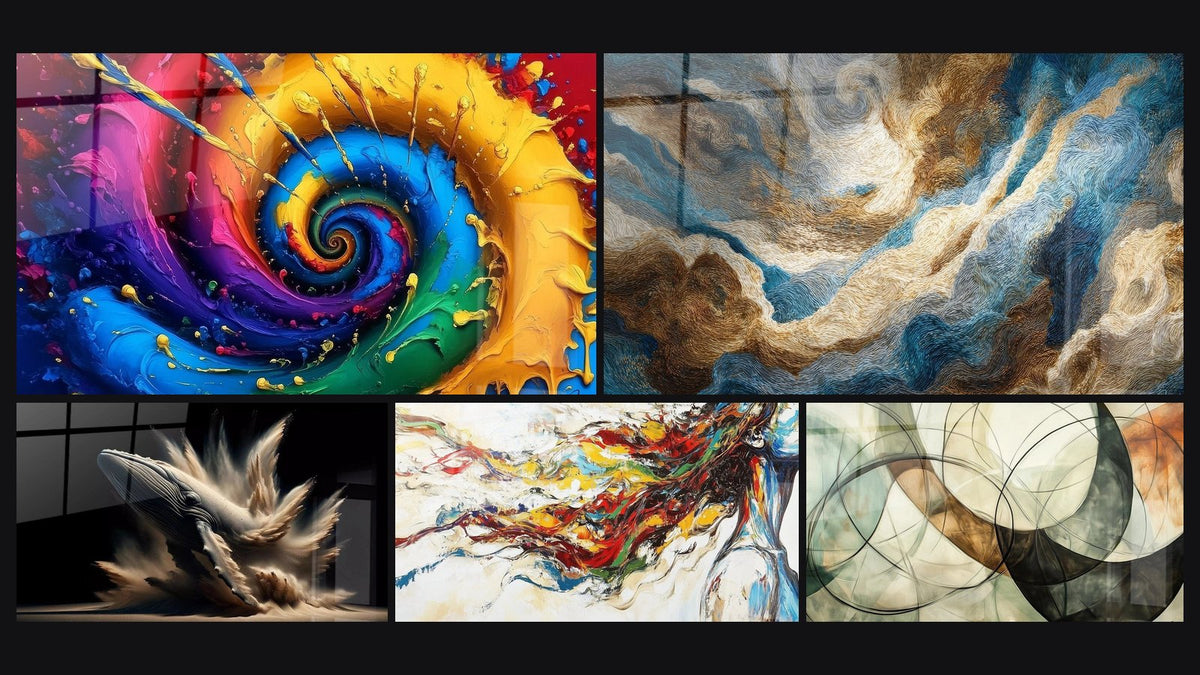 Mosaico de cinco cuadros, entre ellos Espiral multicolor, Tormenta marina y La ballena de Elise