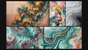 Mozaïek van vijf schilderijen, waaronder Koperen Golf, Tafel Essentie van Granaat en Aquarelgetijtafel