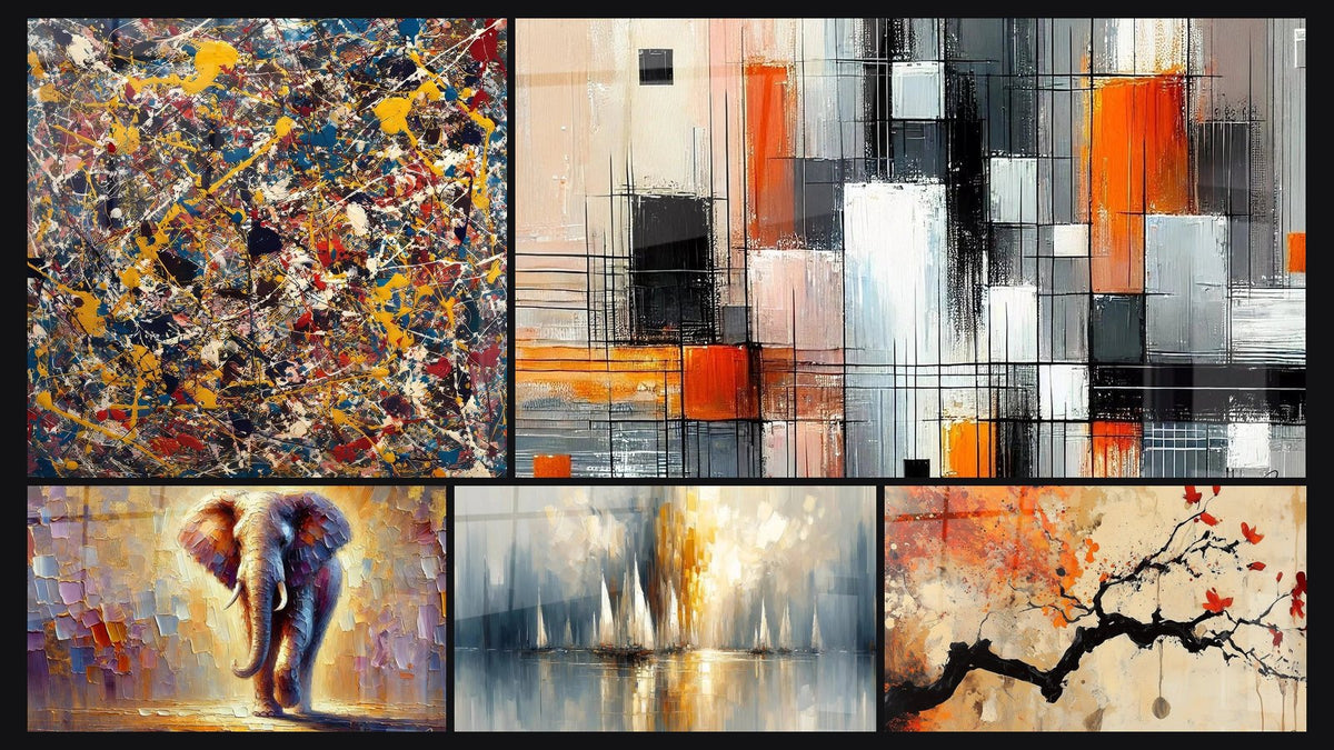 Mosaic of five paintings, including Color Explosion, Light Colossus and Mechanics of Colors