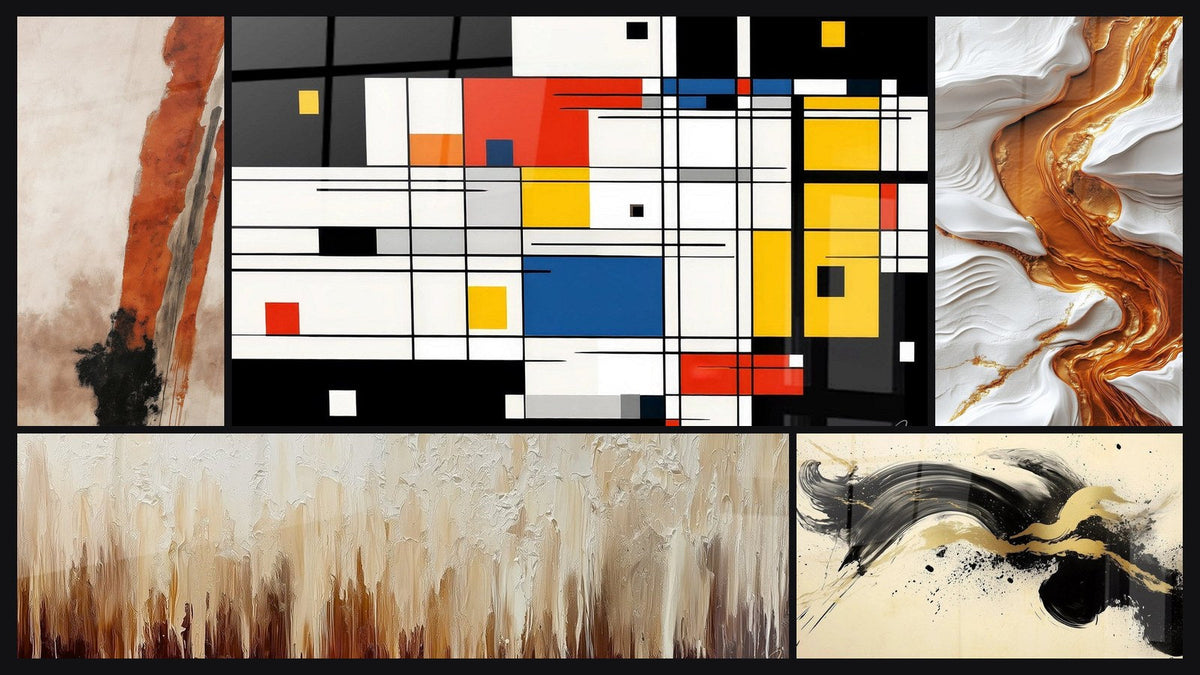 Mosaico de cinco cuadros, entre ellos Composición geométrica colorida y Ciervo Pasión Negro