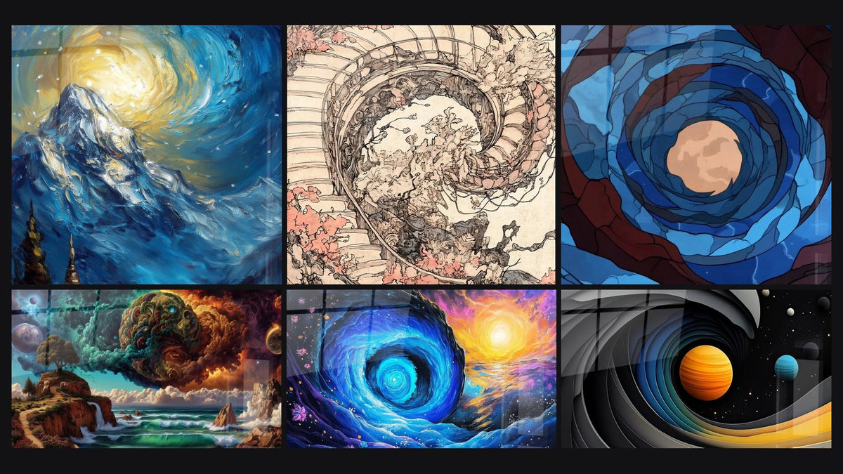 Mosaik aus sechs Gemälden, darunter Bergspitzenbild mit Sternenhimmel und Kosmische Landschaft Verflochtene Welten