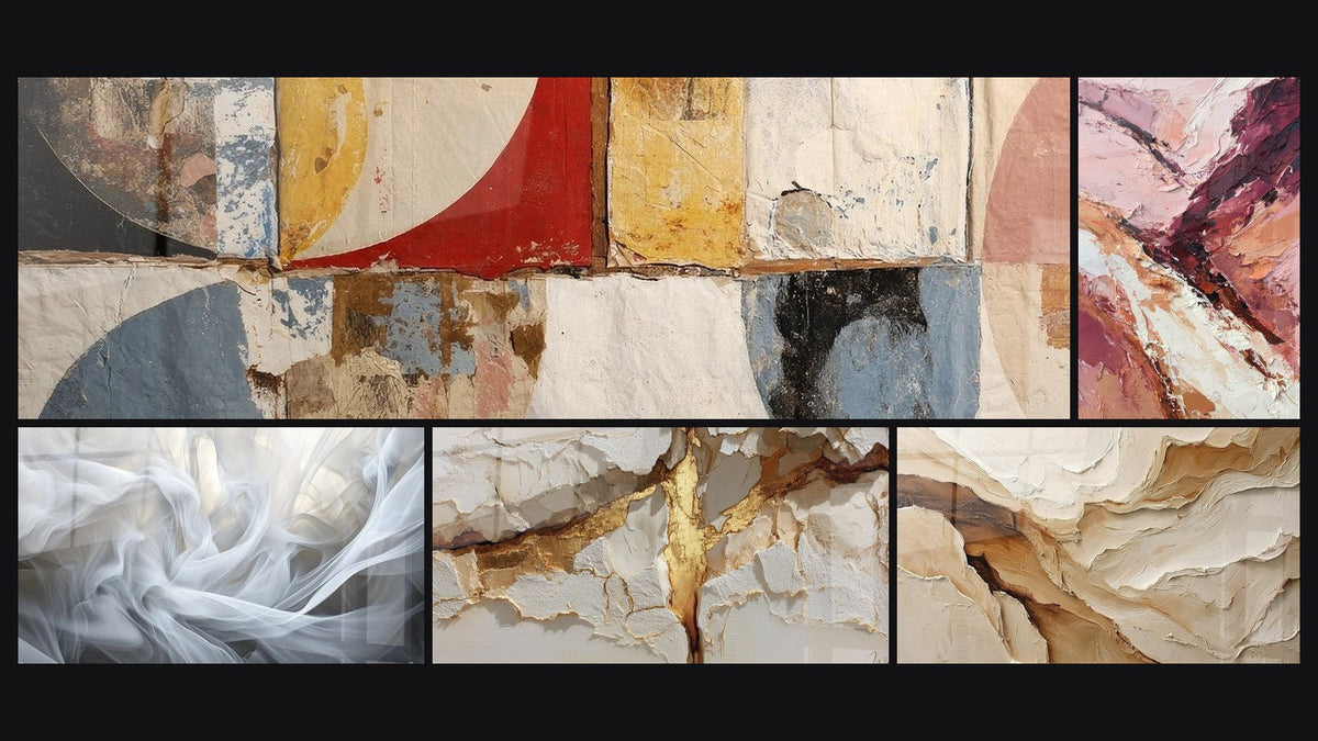 Mosaïque de cinq tableaux, dont Formes géométriques abstraites, Voiles de Lumière et Abstrait Beige et Terre