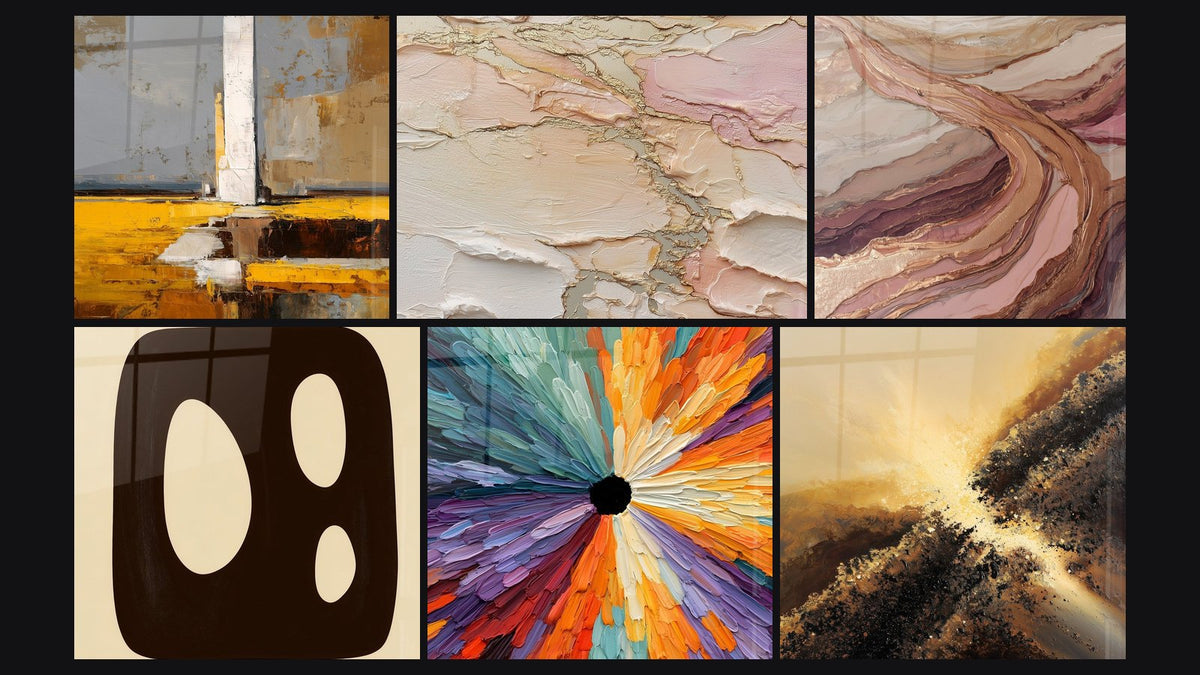 Mosaïque de six tableaux, dont Abstrait texturé beige rosé doré et Formes Organiques Brunes sur Fond Beige