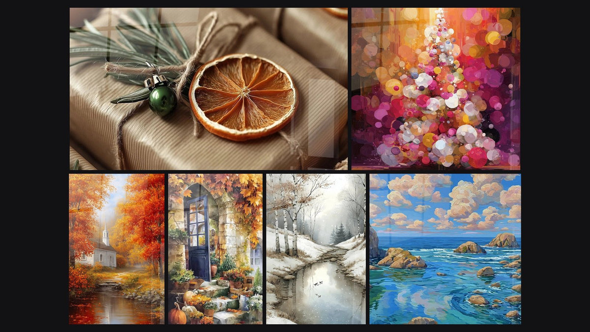 Mosaïque de six tableaux, dont Cadeau Tiédeur des agrumes confits, Église communion d'automne et Maison Cocon Chaleureux
