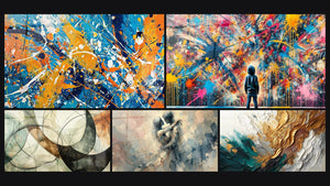Mosaico de cinco cuadros, entre ellos Explosión de colores, Los Lazos Invisibles y Explosiones