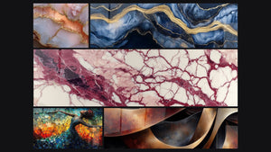 Mosaïque de cinq tableaux, dont Veines pourpres et crème sur fond écru et Danse Feu Libératrice Rouge