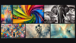 Mosaïque de six tableaux, dont Cascades colorées abstraites, Tourbillon multicolore et Éclats de Peinture