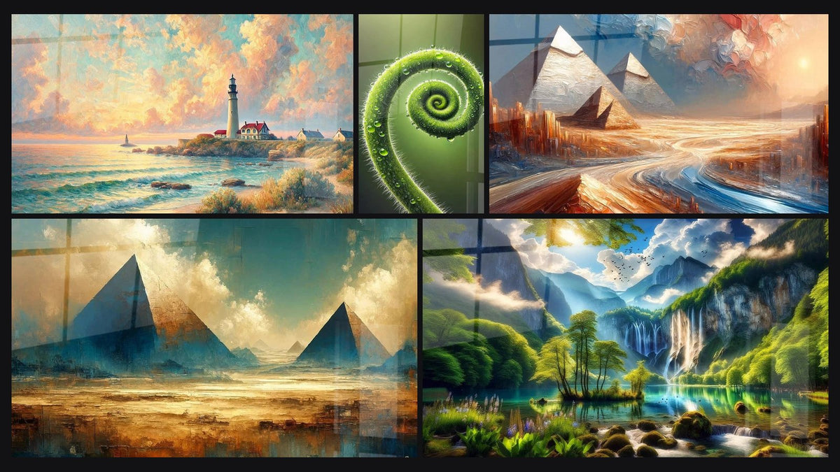 Mosaico di cinque quadri, tra cui Alba sul Faro, Spirale della Vita e I Misteri delle Sabbie
