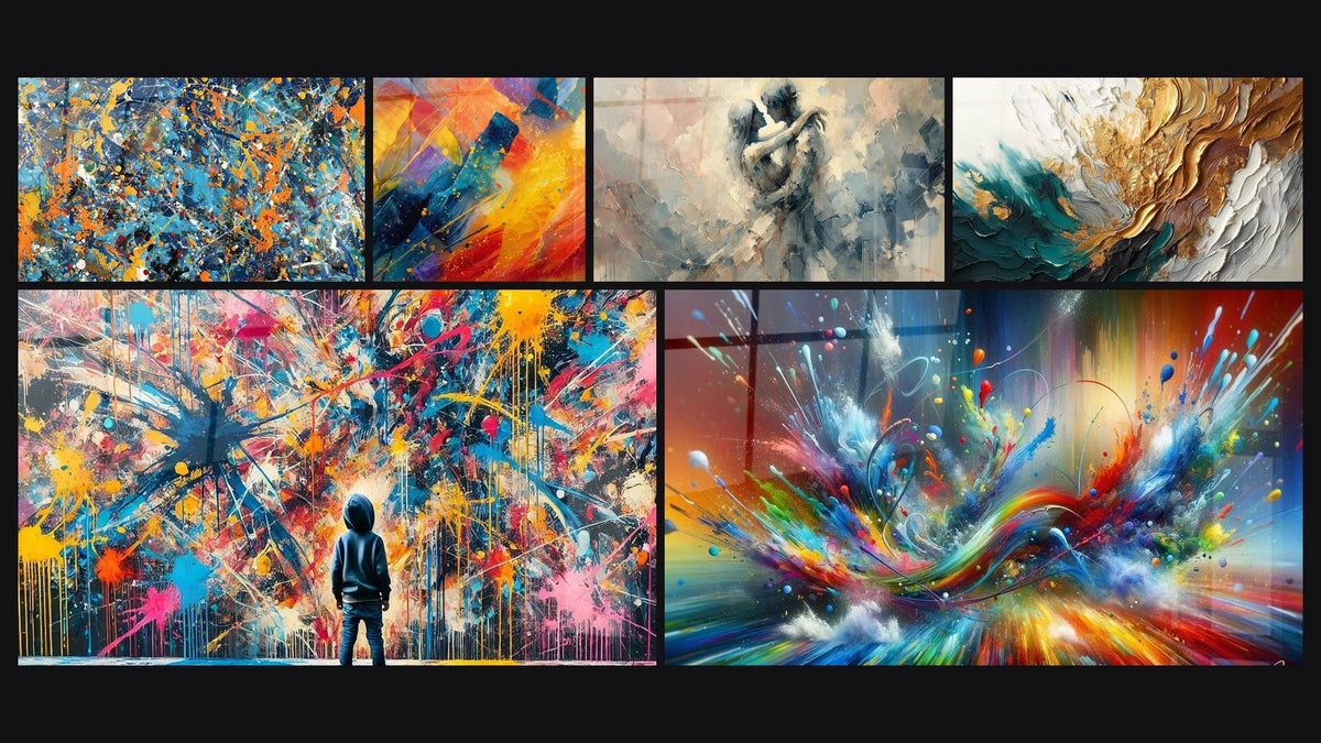 Mosaïque de six tableaux, dont Éclaboussures colorées, Explosion de couleurs et Éclats de Peinture