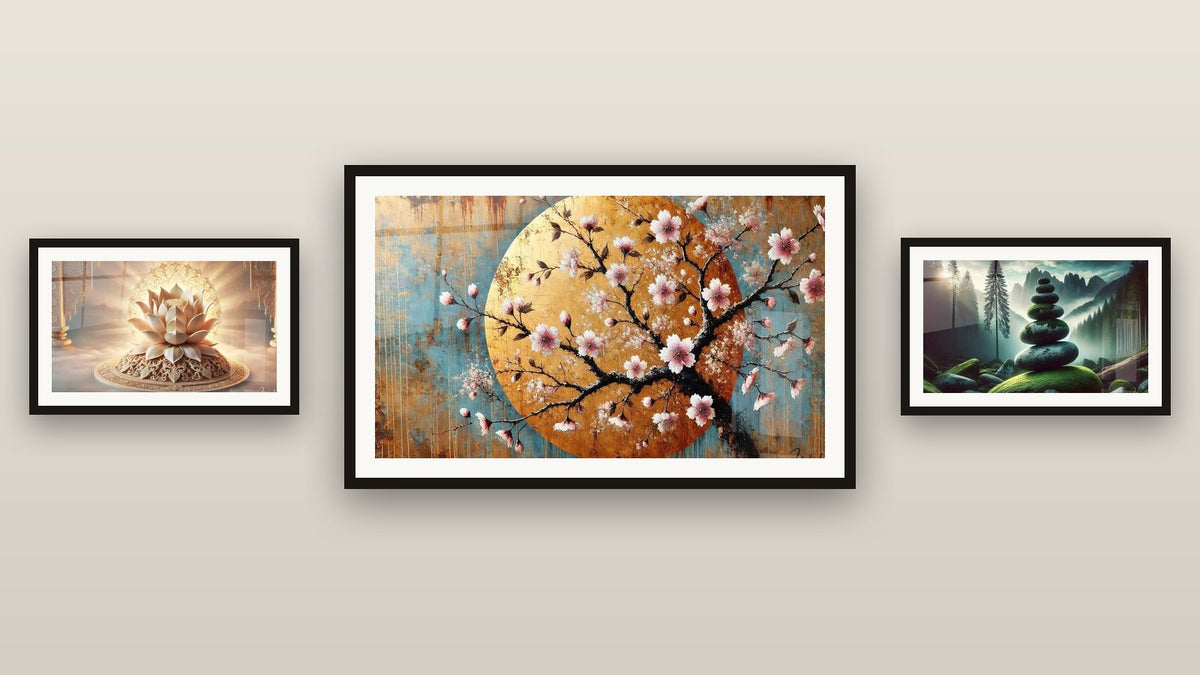 Gallery wall with three framed paintings: Floral Softness, Forest Balance and Sacred Lotus