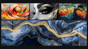 Mosaico de cuatro cuadros, entre ellos Espiral dinámico rojo naranja, Ojo Lágrima de Oro y Danza Llama Liberadora Roja