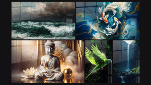 Mosaico de cinco cuadros, entre ellos Tormenta en mar, Paz Mármol y Danza de los Koi
