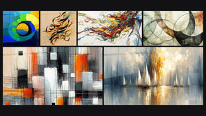 Mozaïek van zes schilderijen, waaronder Abstract kalligrafie, Mechanisch Kleurenpalet en 'Dageraad in de Baai'
