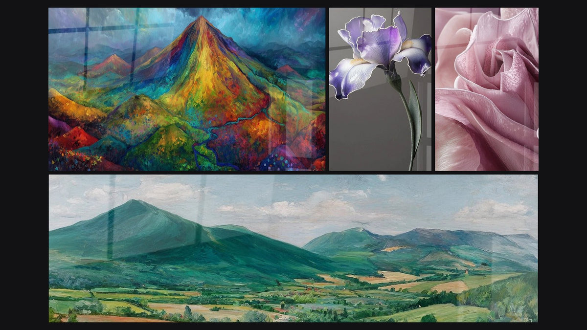 Mosaïque de quatre tableaux, dont Montagne Volcanique Colorée, Paysage montagneux et Iris N°9