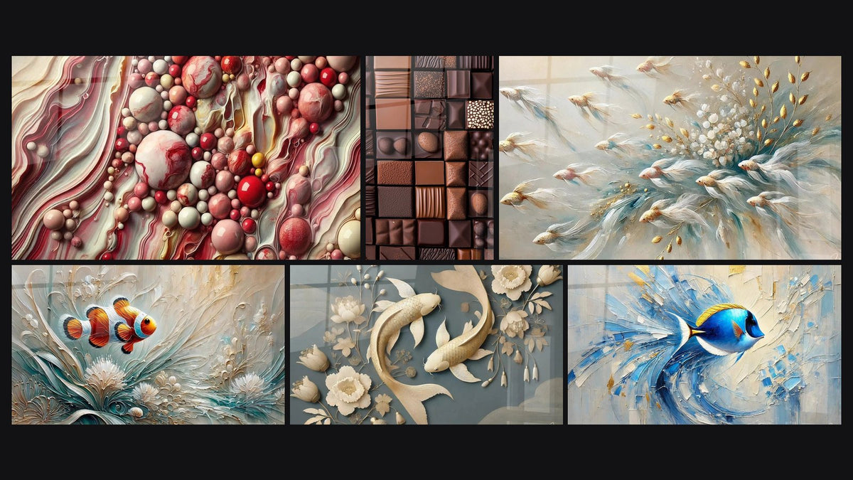 Mosaico de seis cuadros, entre ellos Universo de Perlas, Chocolate N°3 y Nadadores de los Sueños