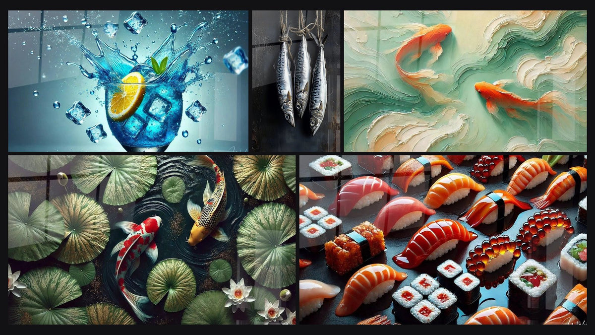 Mosaic of five paintings, including Glow of Freshness, Fish Wall Art No. 3 and Koi in Symbiosis