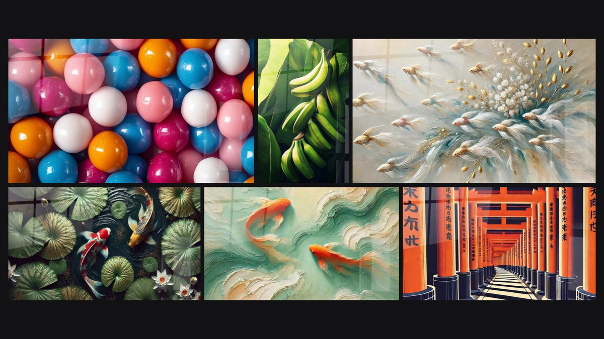 Mosaico di sei quadri, tra cui Caramelle N°3, Banana N°2 e Sotto le Foglie, una Poesia