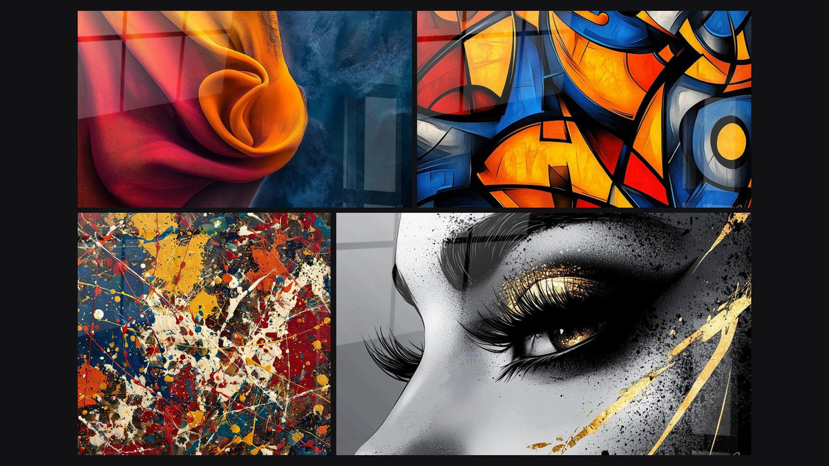 Mosaic of four paintings, including Color explosion, Colored geometric shapes and Golden Tear Eye
