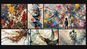 Mozaïek van zes schilderijen, waaronder Explosie van kleuren, Abstracte compositie en Moderne Muurschildering