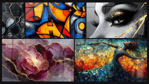 Mosaico de cinco cuadros, entre ellos Fluido Púrpura con Vetas Doradas, Formas geométricas coloridas y Ojo Lágrima de Oro