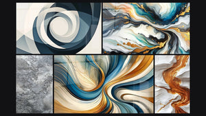 Mozaïek van vijf schilderijen, waaronder Vortex Azuur, Gekleurde Stromen en Elegante Spiralen