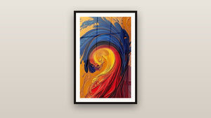Framed painting on a wall: Energetic multicolor spiral