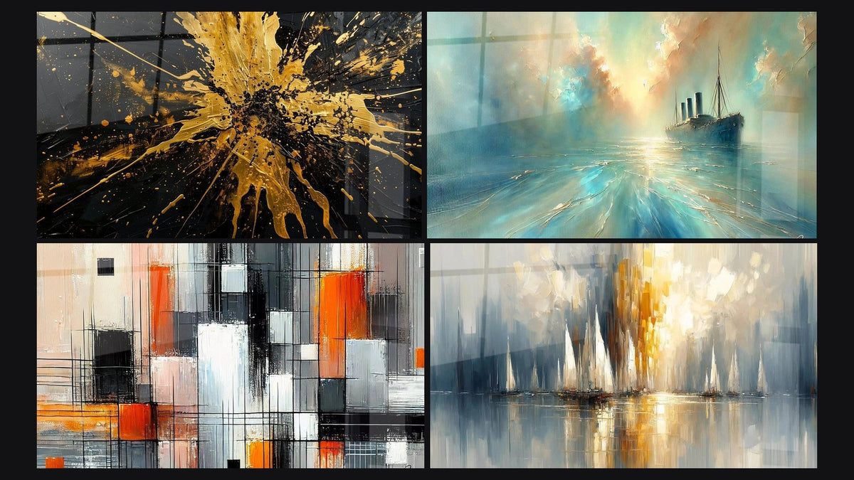 Mosaico di quattro quadri, tra cui Nel Cuore della Brezza, Meccanica dei Colori e Alba sulla Baia