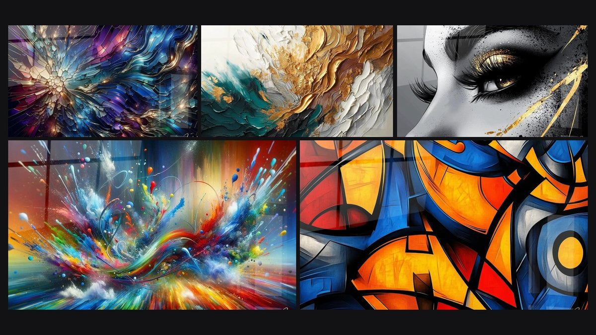 Mosaico di cinque quadri, tra cui Bagliori di Vetrate, Traccia in Oro e Giada e Big Bang Artistico Brillante