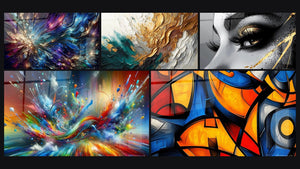 Mosaic of five paintings, including Stained Glass Splendor, Trace Artwork in Gold and Jade and Big Bang Artistic Dazzling