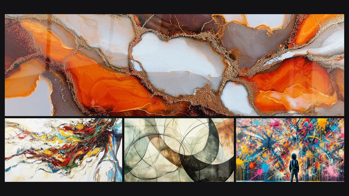 Mosaik aus vier Gemälden, darunter Tafel Muse Modern, Die unsichtbaren Verbindungen und Farbtupfer