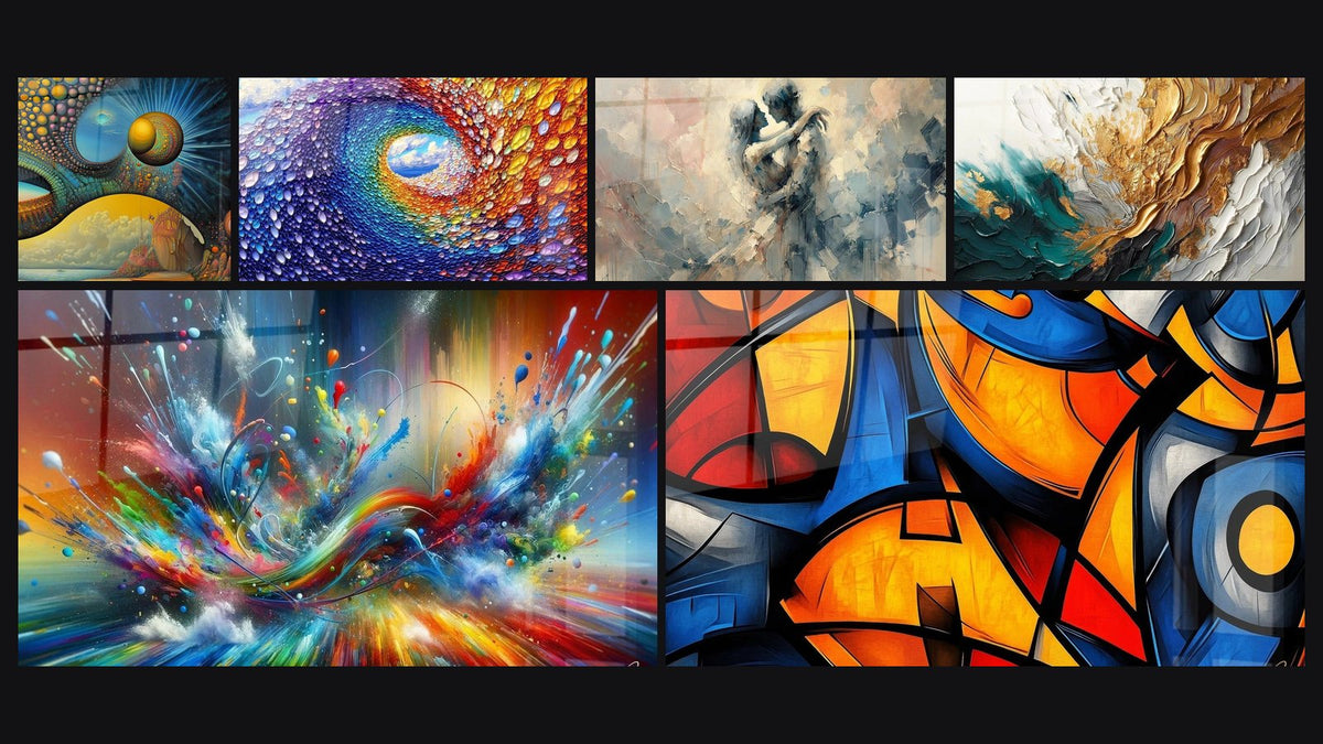 Mosaico di sei quadri, tra cui Cosmo mistico di, Tavola a spirale cosmica multicolore e Tra Noi