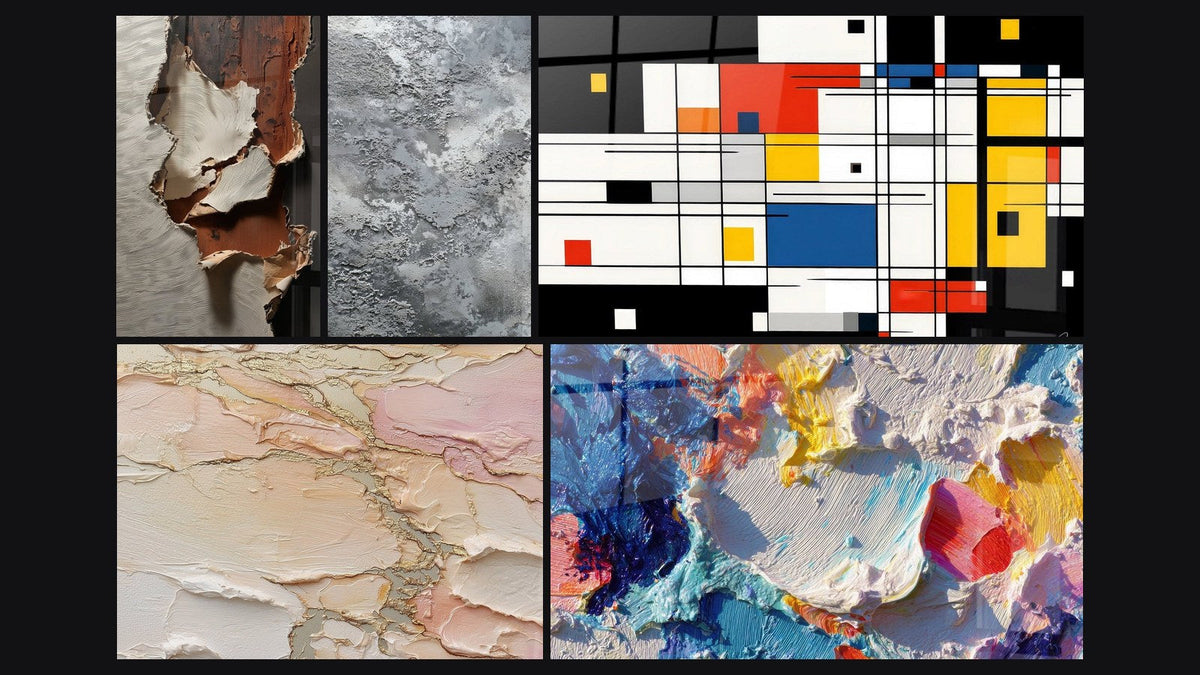 Mosaic of five paintings, including Abstract textured blush gold beige and Colorful geometric composition