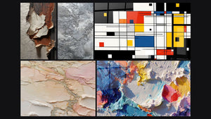 Mosaic of five paintings, including Abstract textured blush gold beige and Colorful geometric composition