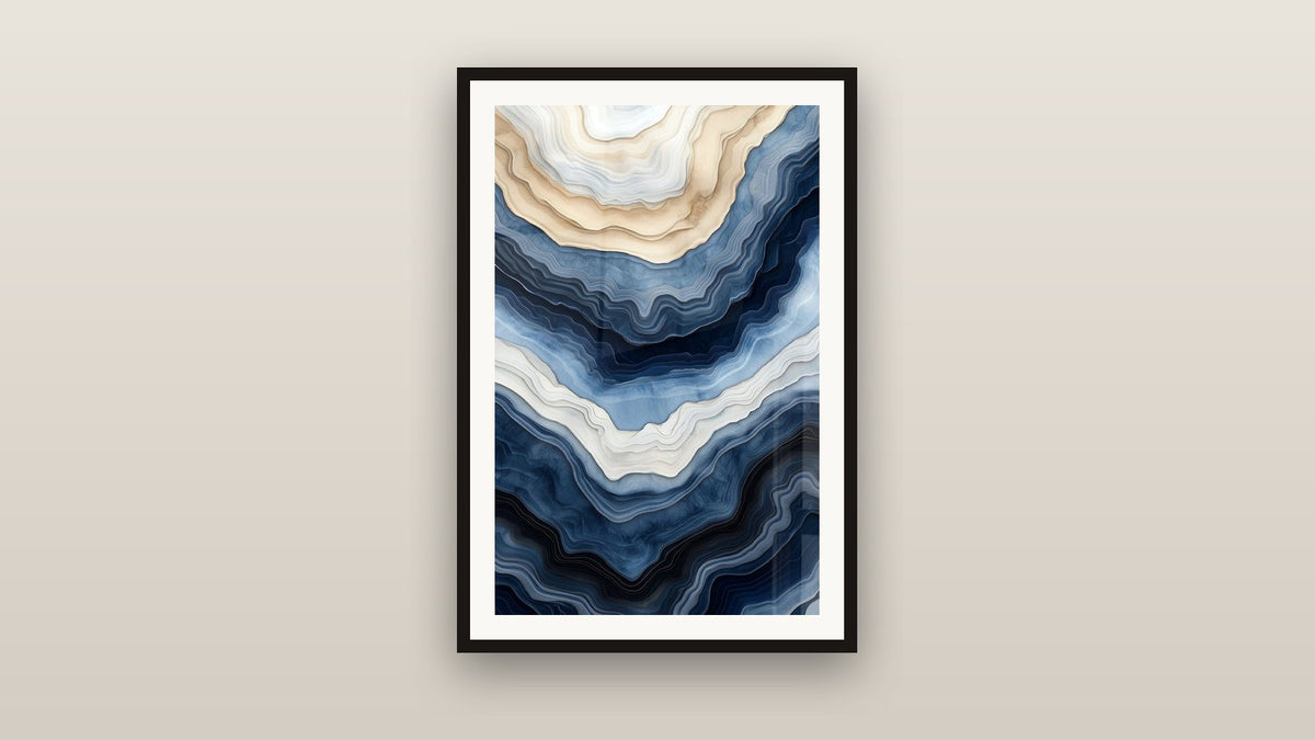 Quadro incorniciato su una parete: Ondulazioni Blu e Beige Fluide