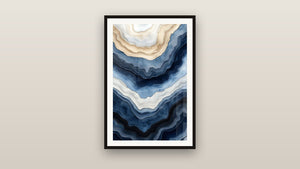 Framed painting on a wall: Blue and Beige Fluid Waves