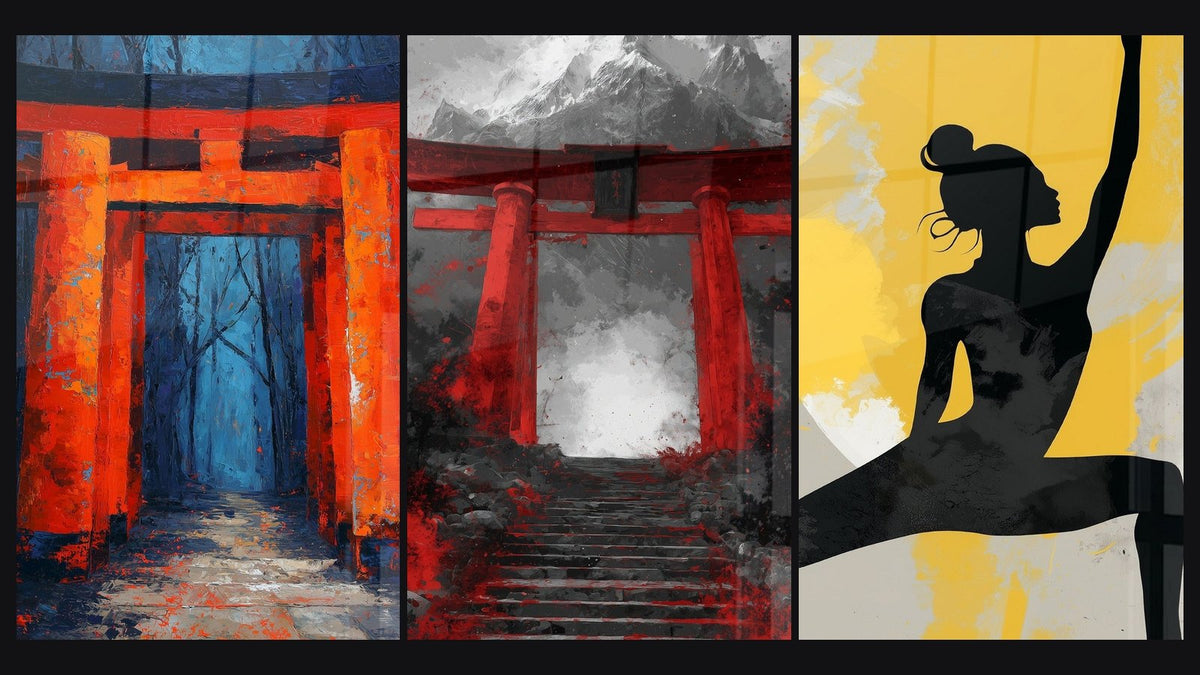 Mosaic of three paintings, including Black Silhouette with Yellow Splashes