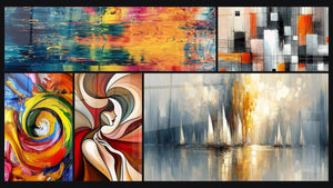 Mosaic of five paintings, including Abstract colored reflections, Multicolor Spiral and Abstract Essence