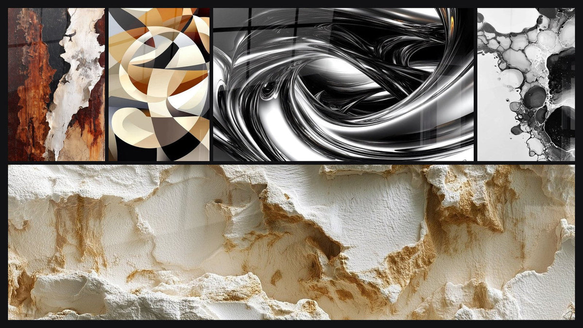 Mosaic of five paintings, including Eroded White Texture with Sculpted Reliefs and Interlaced Circular Shapes