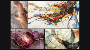 Mosaic of four paintings, including Modern Muse and The Invisible Bonds
