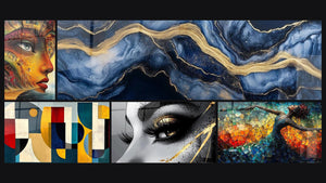 Mosaic of five paintings, including Female Face Architecture, Colored geometric shapes and Golden Tear Eye
