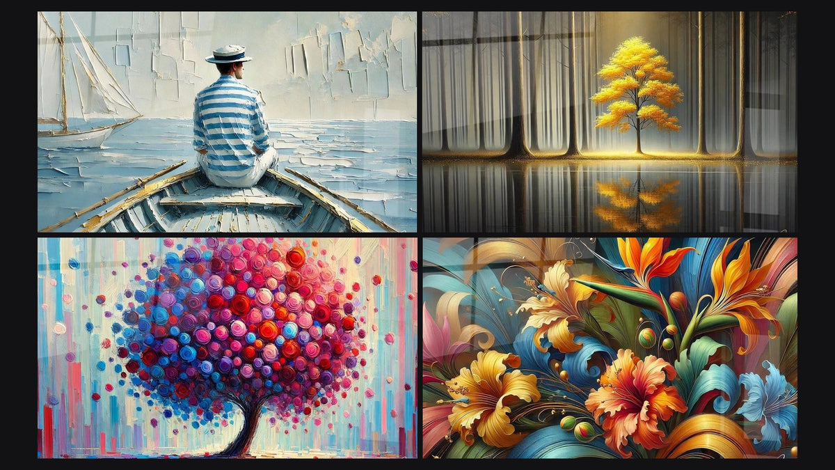 Mozaïek van vier schilderijen, waaronder De Kunst van Water, Eeuwige Rust en Boom van Vreugde