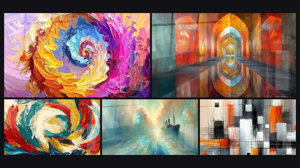 Mosaic of five paintings, including Multicolor Spiral, Arched Iridescent Vermillion and Cosmic Metamorphosis