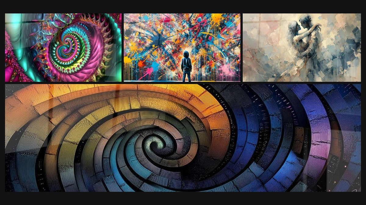 Mosaïque de quatre tableaux, dont Spirale psychédélique multicolore, Spirale colorée cosmique et Éclats de Peinture