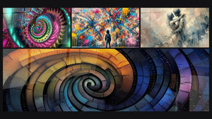 Mosaico de cuatro cuadros, entre ellos Espiral psicodélico multicolore, Espiral colorido cósmico y Explosiones