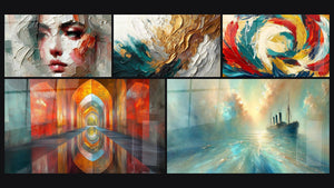 Mosaïque de cinq tableaux, dont A fleur de peau, Trace en Or et Jade et Voûtes Chatoyantes Vermillon