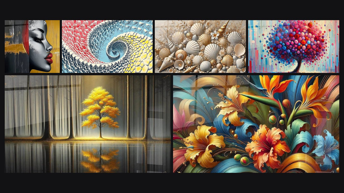 Mosaico de seis cuadros, entre ellos Perfil femenino abstracto, Espiral de colores y Joyas de las Arenas