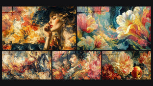 Mosaic of five paintings, including Woman with Scarlet Lips, Cavalier Flamboyant Conquest and Flowers Dance Petals